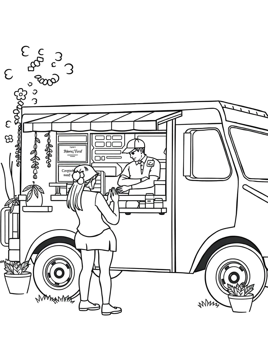 A food truck owner serving customers through a window