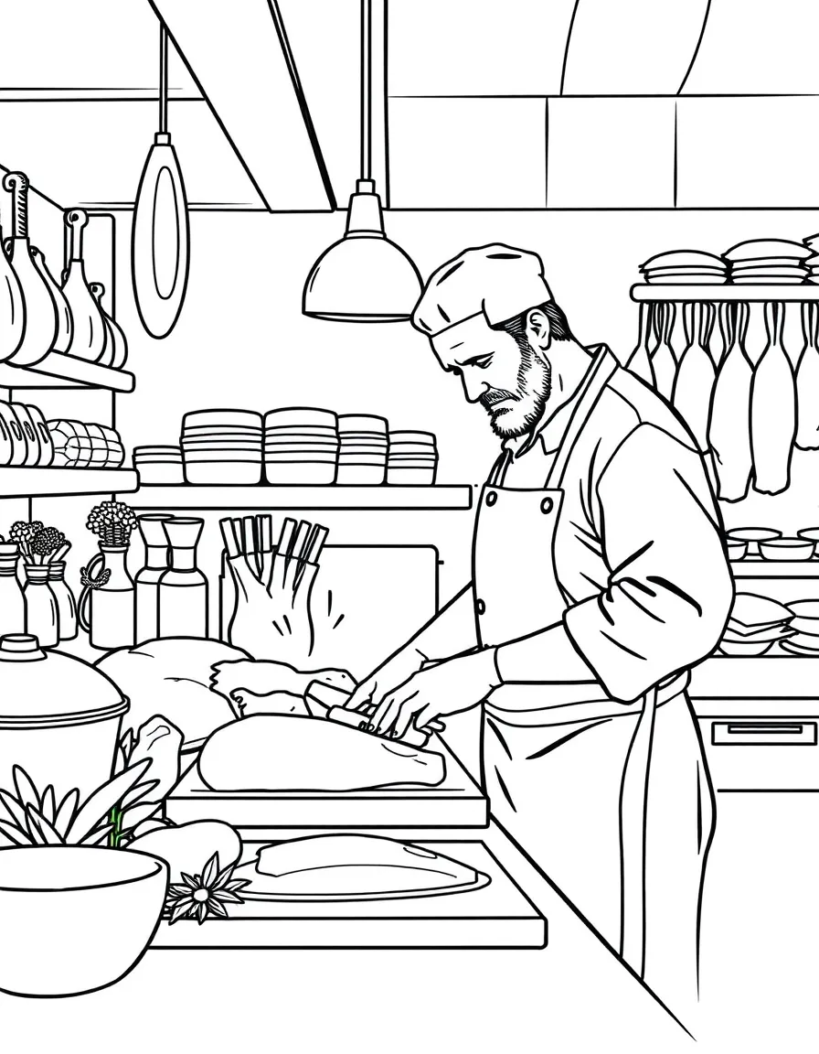 A butcher cutting meat at a butcher shop counter