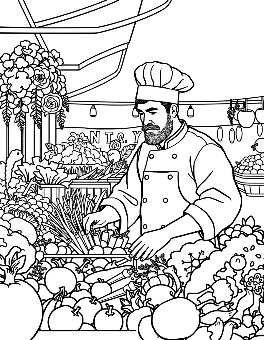 A farm-to-table chef selecting fresh produce at a market