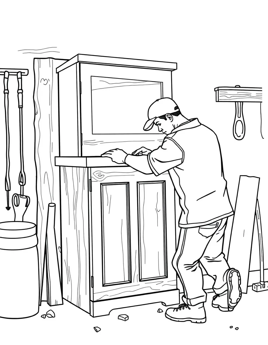 A carpenter building a wooden cabinet