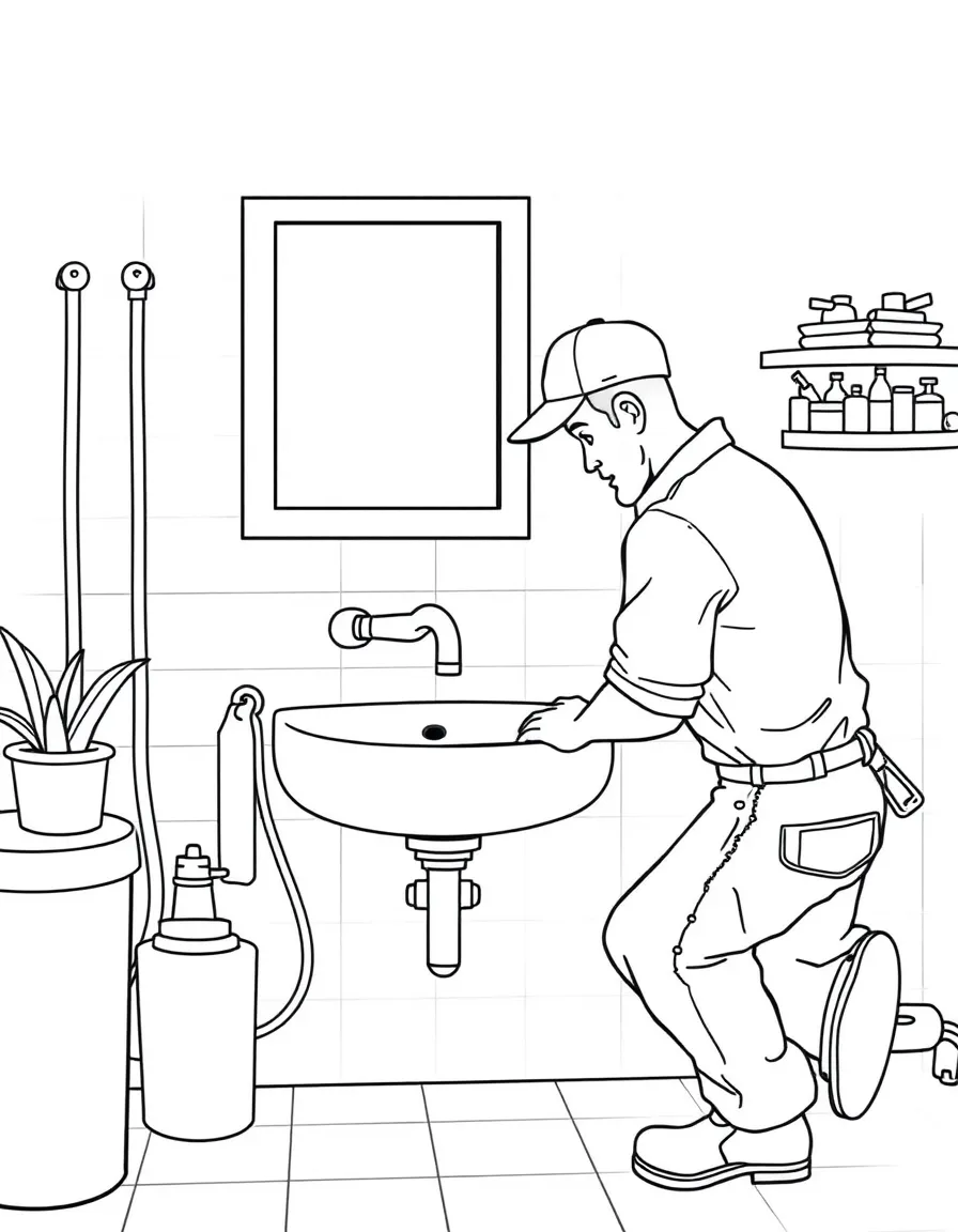 A plumber fixing a sink in a bathroom
