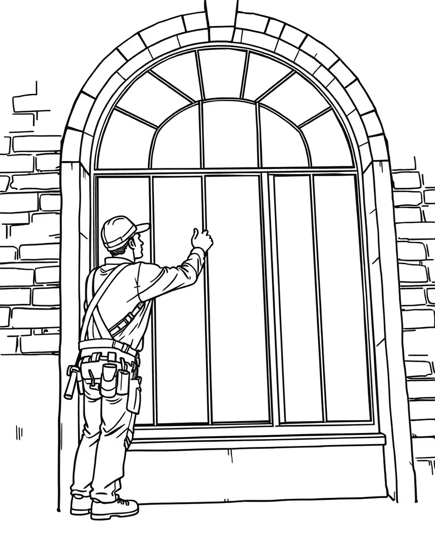 A glazier installing a large window in a building