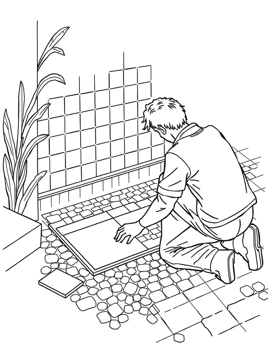 A tile setter creating a mosaic floor design