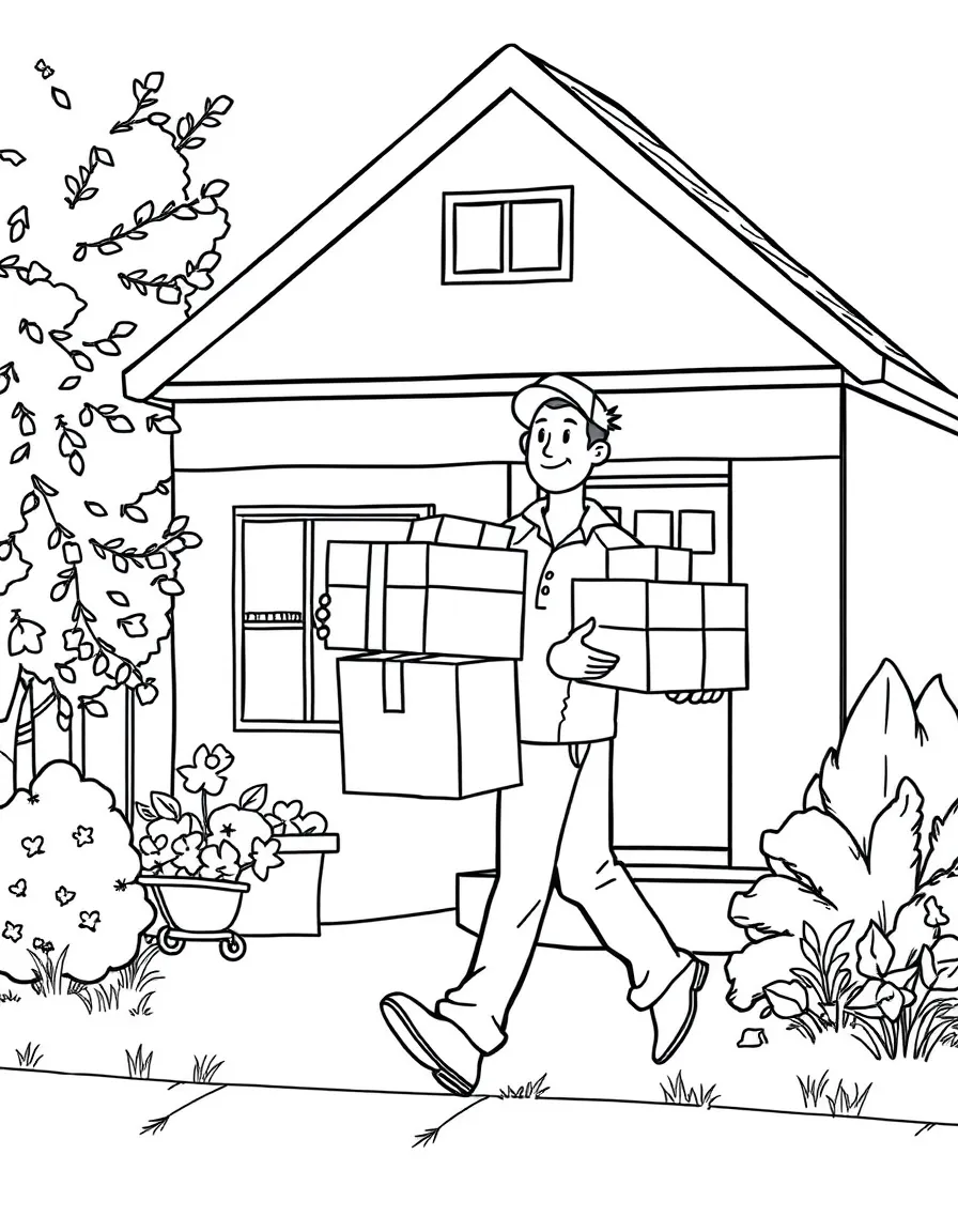 A delivery driver carrying packages to a house