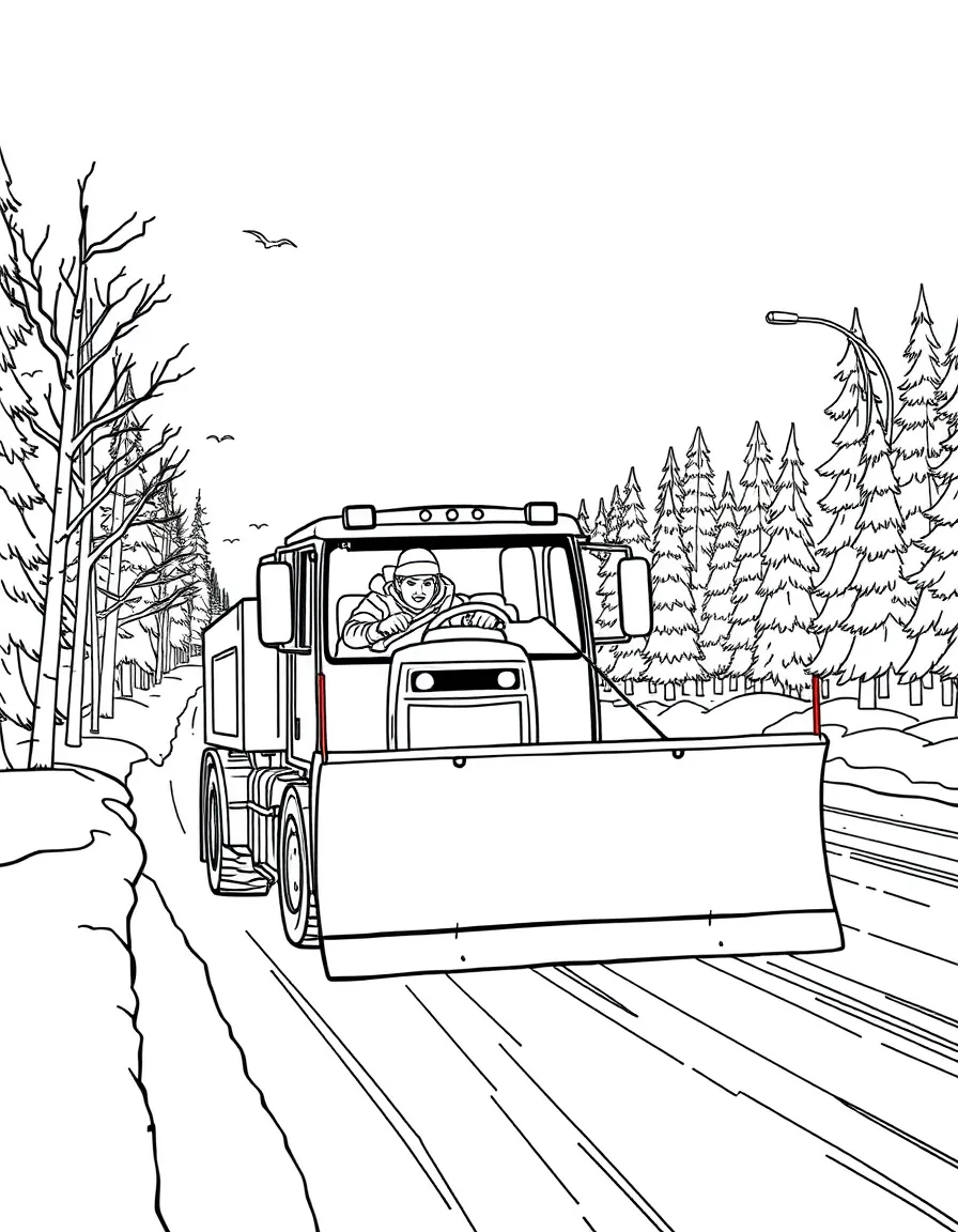 A snowplow driver clearing a snowy road