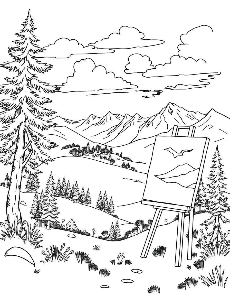 A painter creating a landscape on canvas