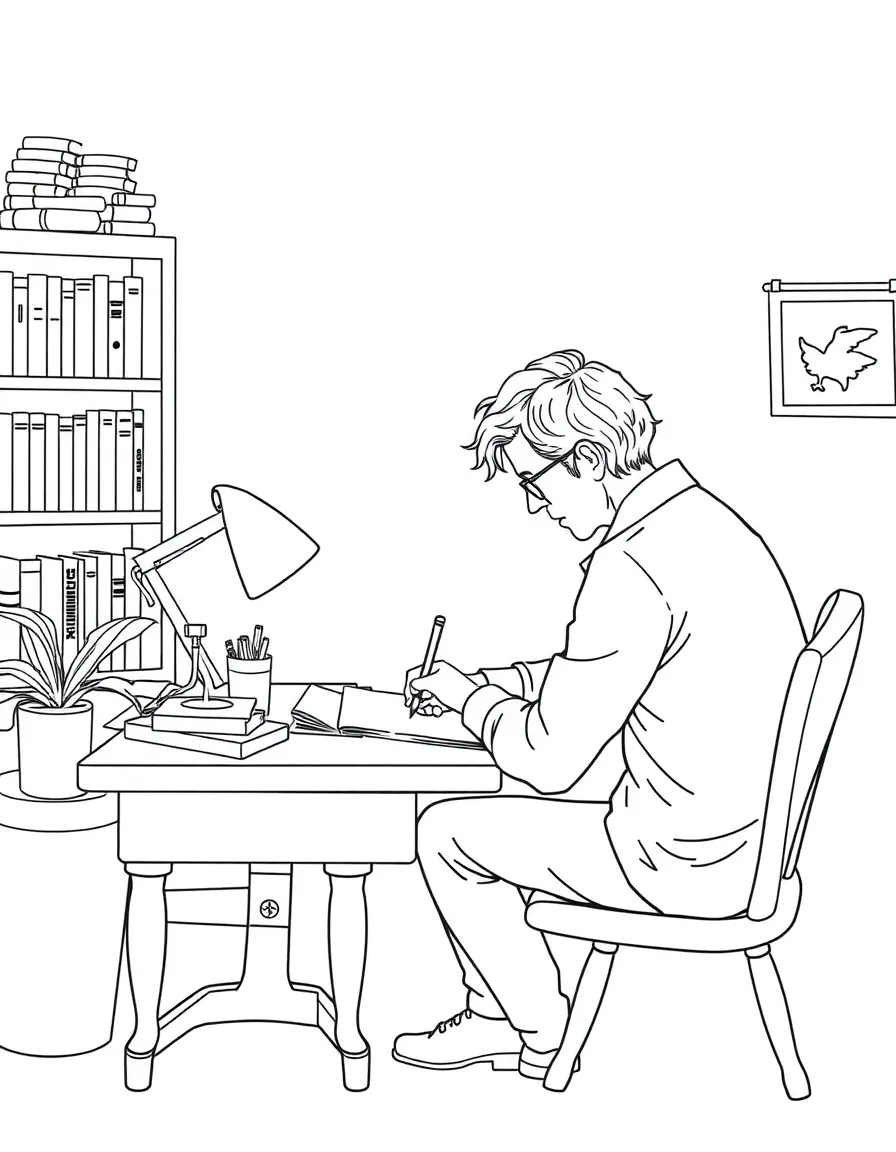 A novelist writing at a desk