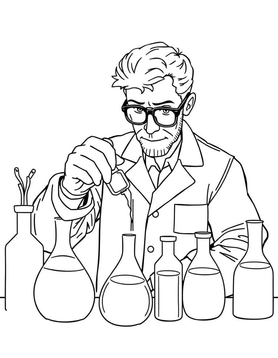 A chemist mixing chemicals in beakers
