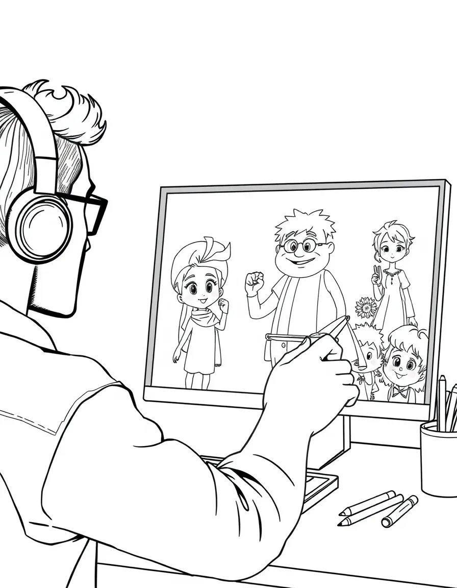 A digital animator creating characters on a computer