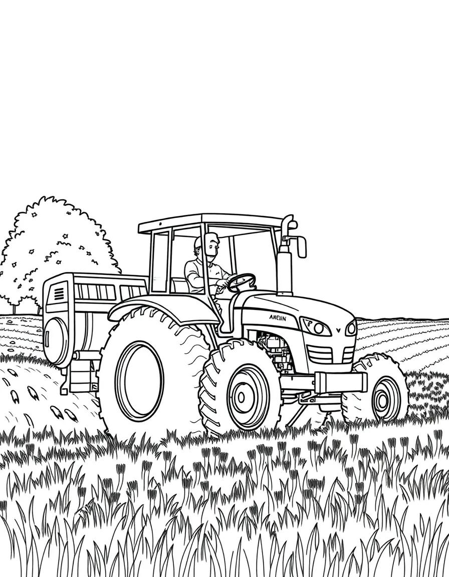 A farmer driving a tractor through a field