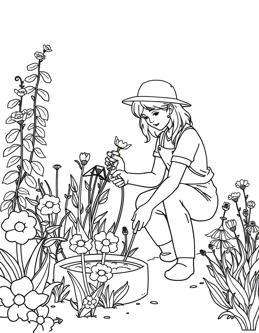 A gardener planting flowers in a garden