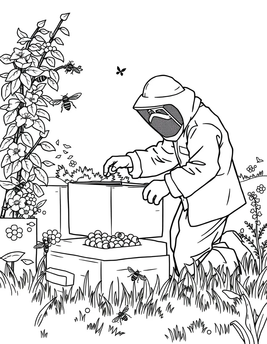 A beekeeper tending to beehives
