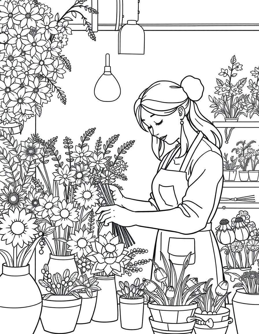 A flower shop owner arranging a bouquet