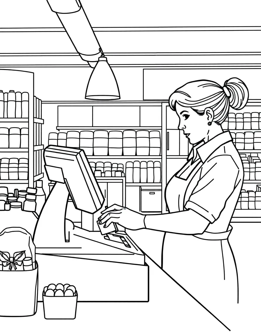 A cashier ringing up purchases at a register
