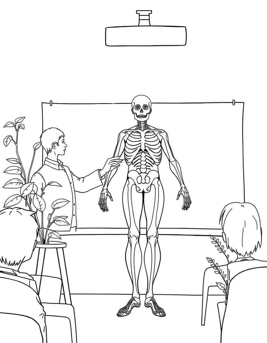 A biology teacher showing a model of the human body