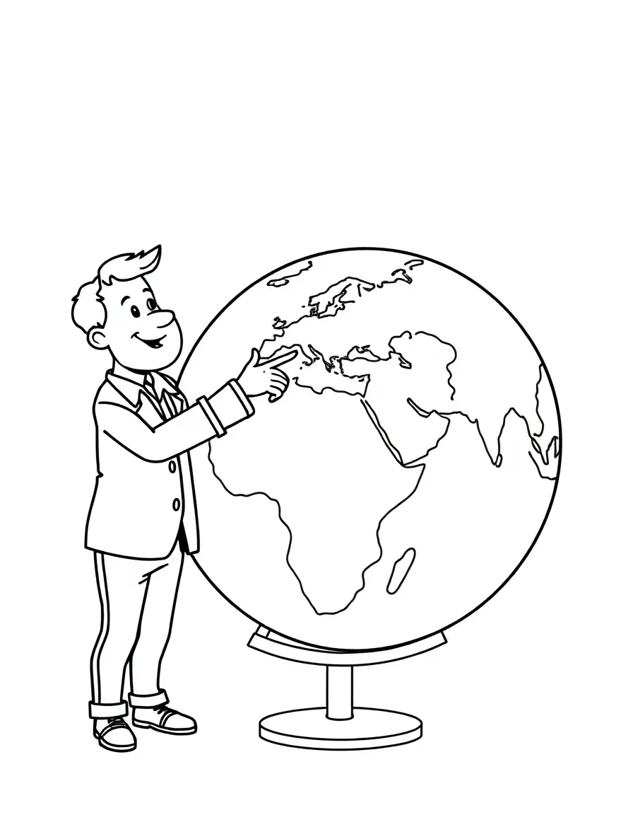 A geography teacher pointing to countries on a globe
