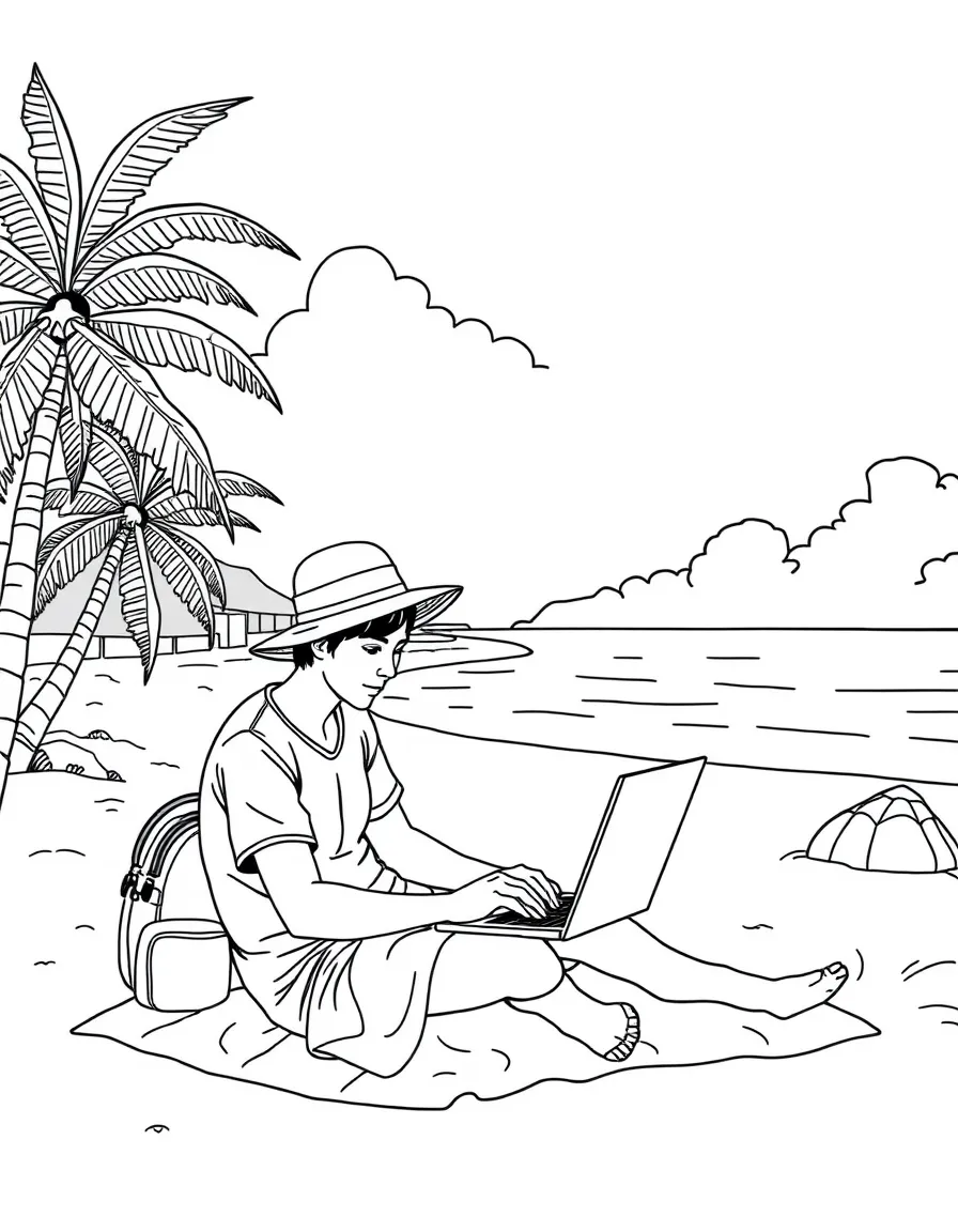 A digital nomad working on a laptop at a beach