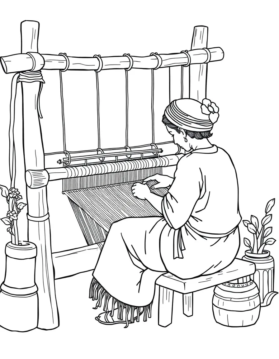 A weaver working at a traditional loom