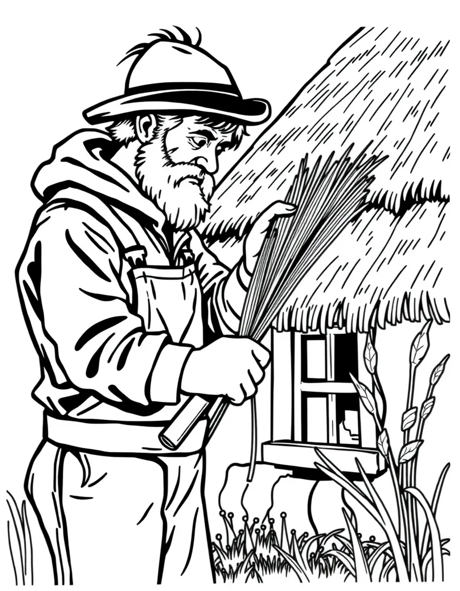 A thatcher applying reed to a cottage roof