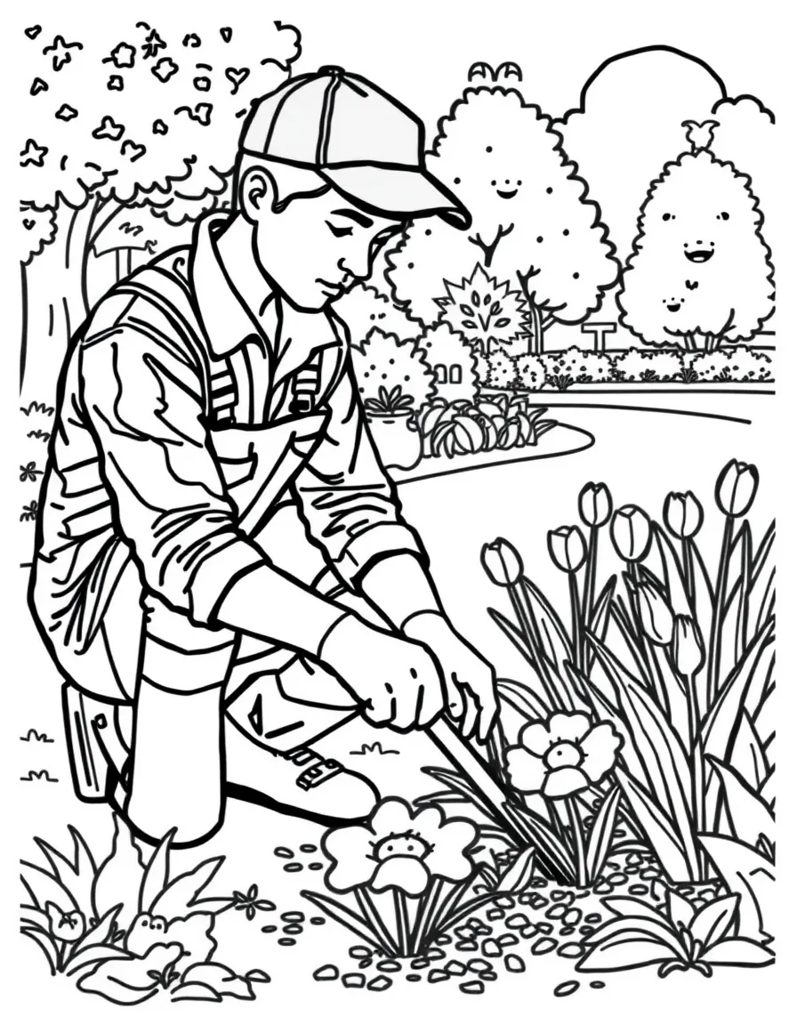 A park maintenance worker planting flowers in a park
