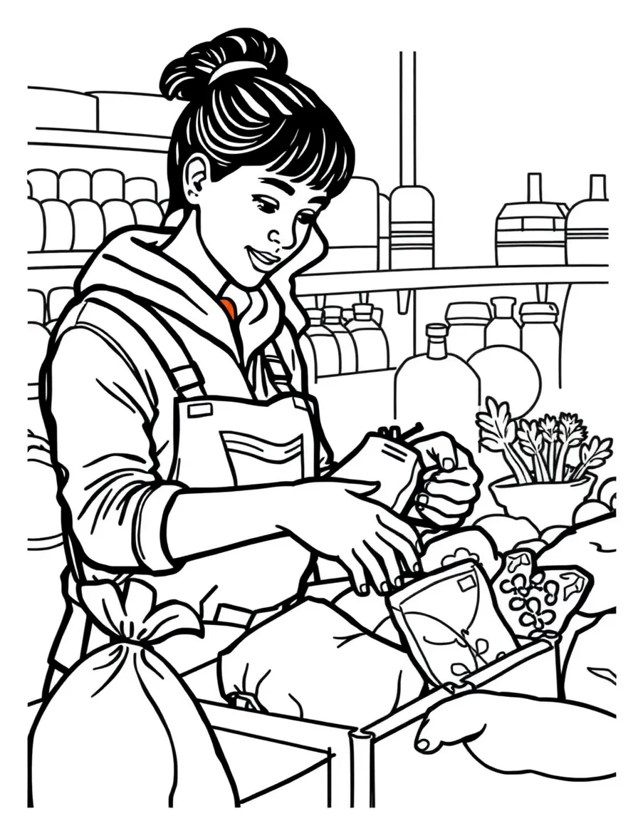 A food bank volunteer sorting donated groceries