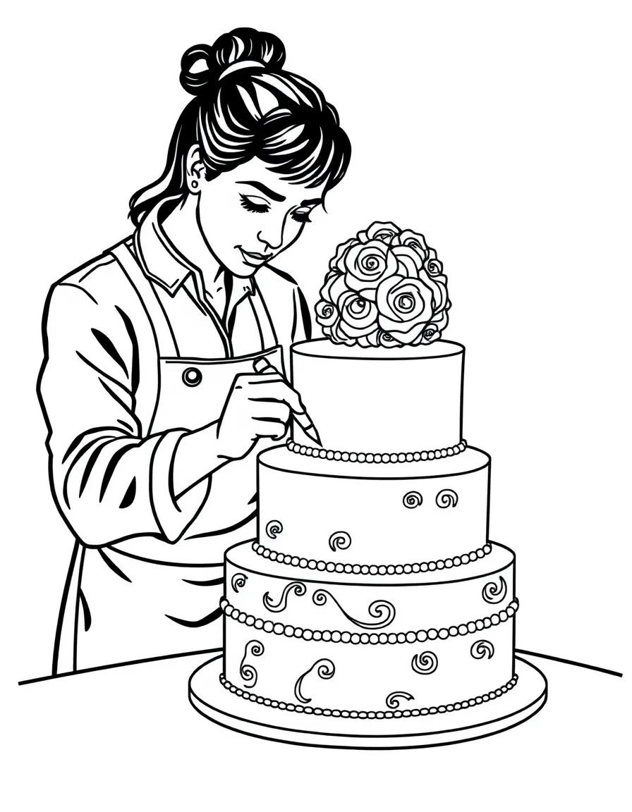 A cake decorator applying icing to a tiered cake
