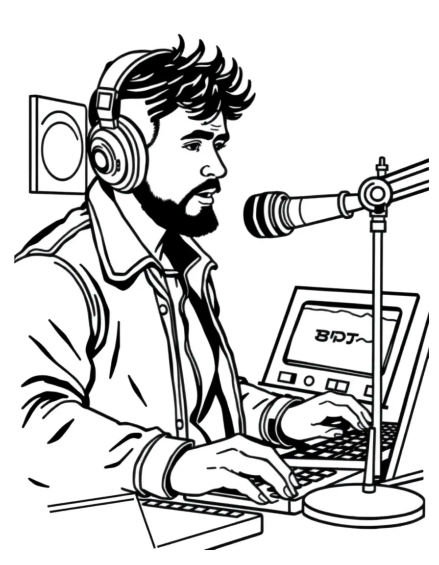 A radio DJ speaking into a microphone in a studio