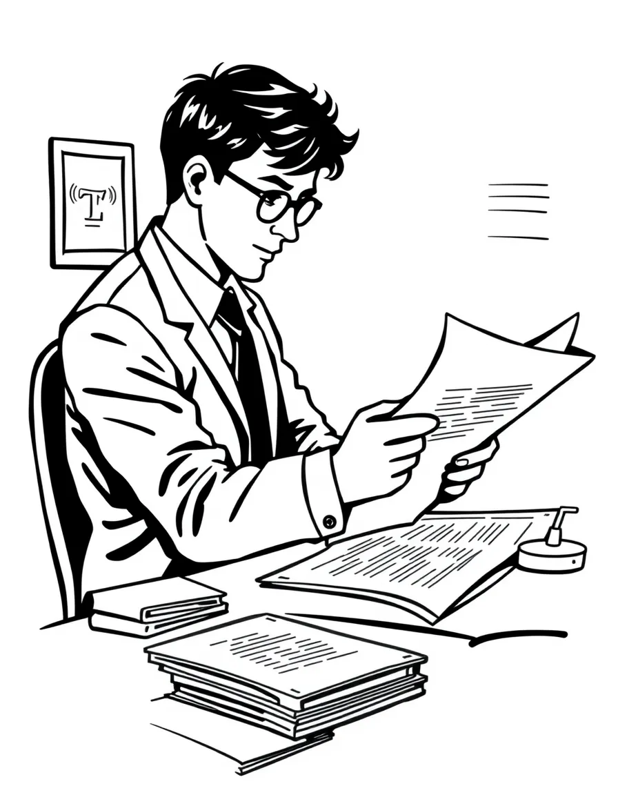 A newspaper editor reviewing articles at a desk
