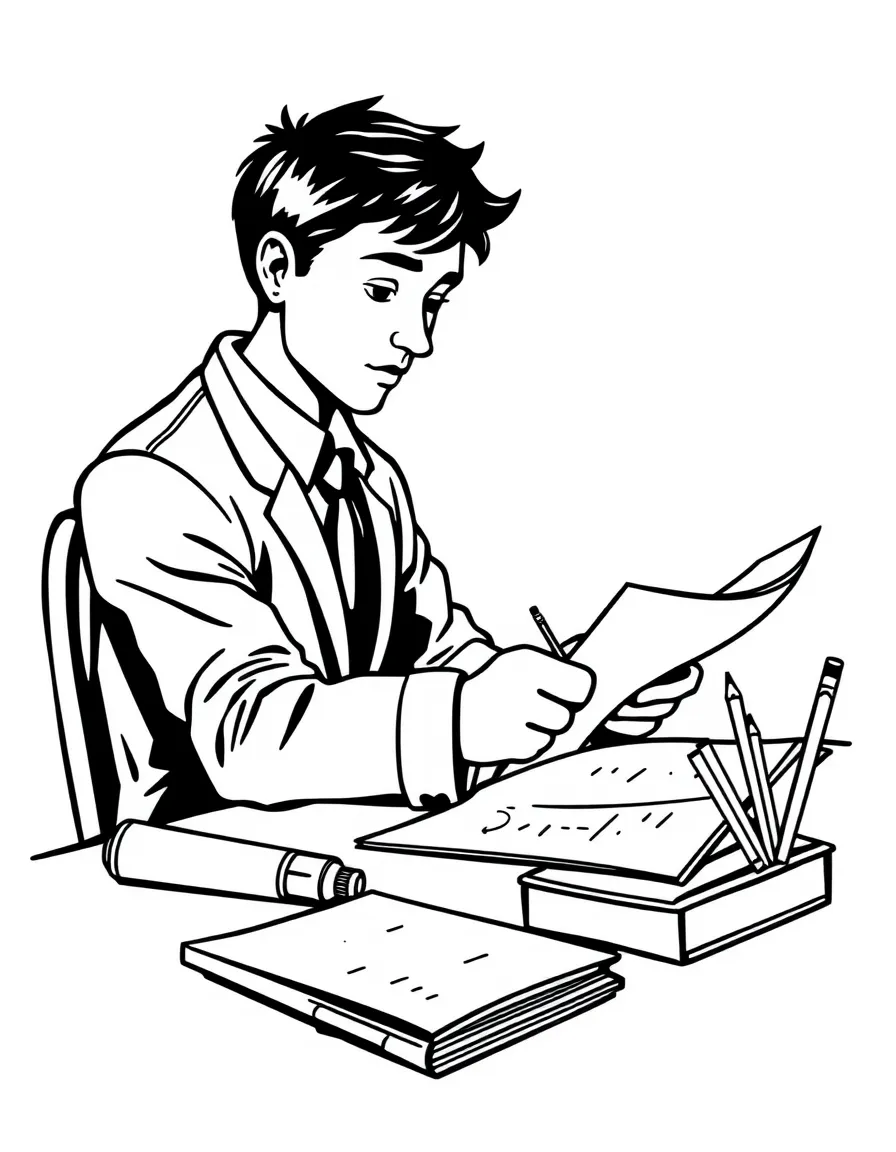 A speech writer at a desk with drafts
