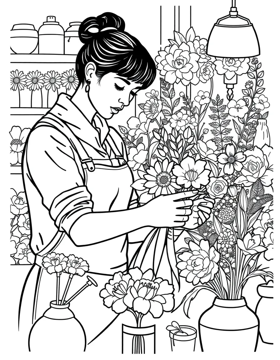 A flower shop owner creating a bouquet for a customer