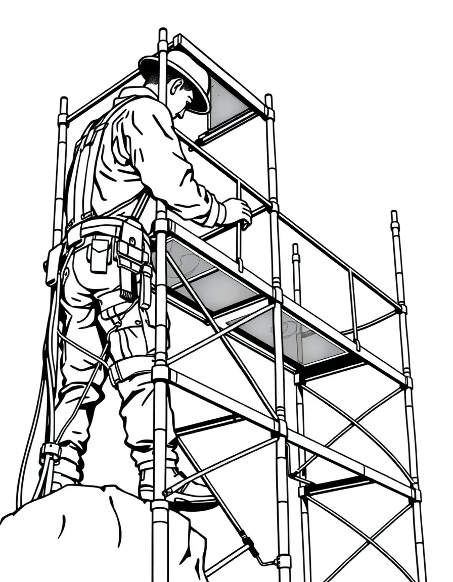 A scaffolding installer securing platforms high above ground