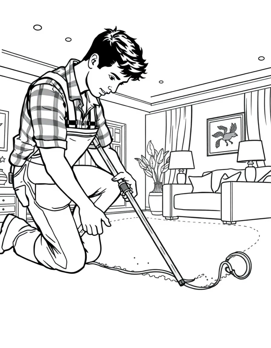 A carpet installer laying carpet in a living room