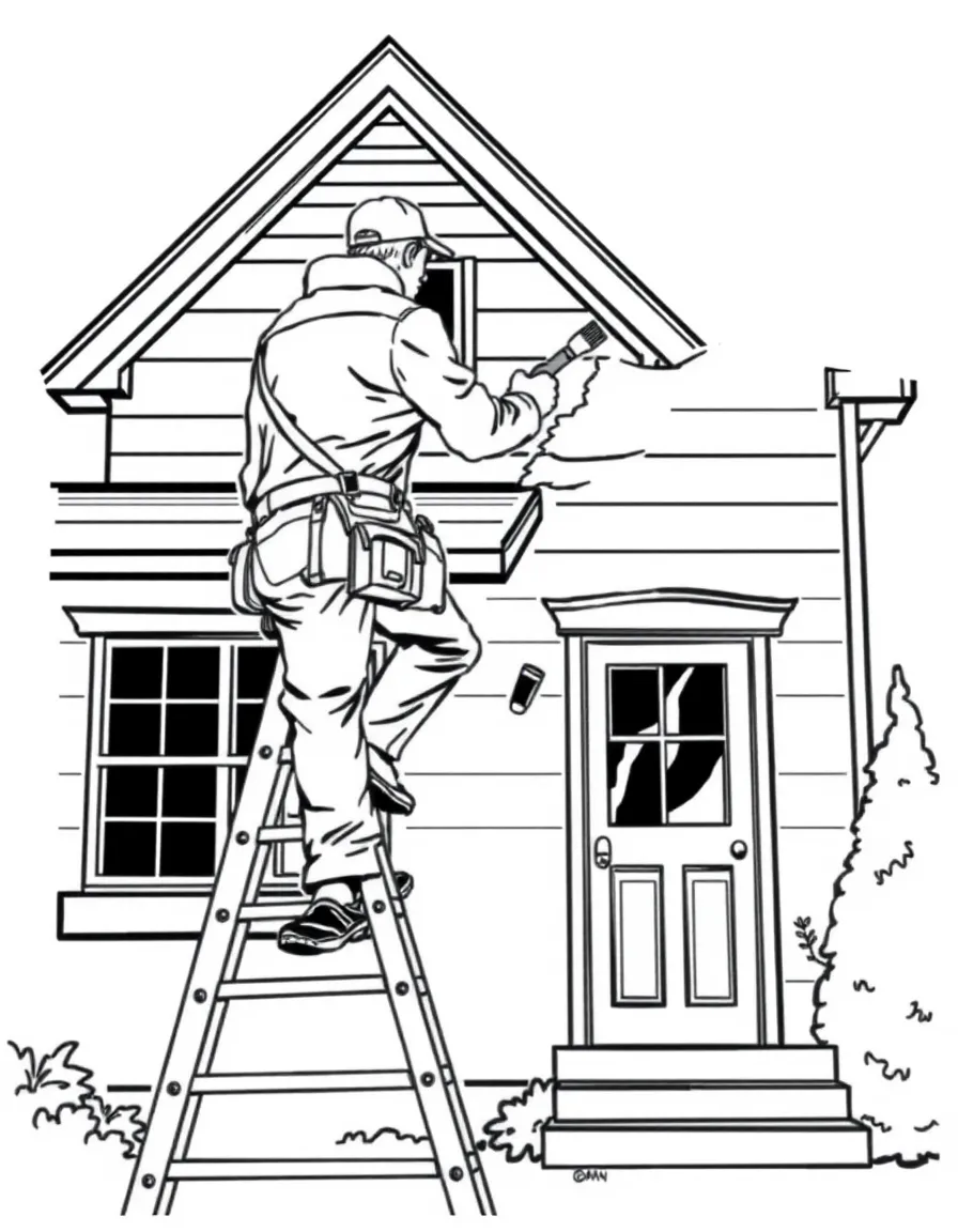 A house painter on a ladder painting exterior trim
