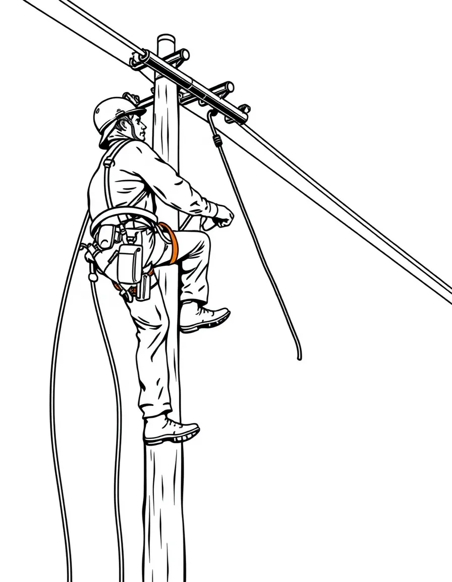 A power line installer climbing a utility pole