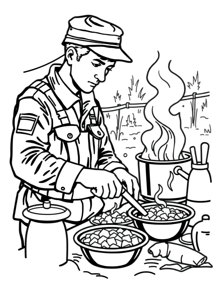 A military cook preparing meals in a field kitchen