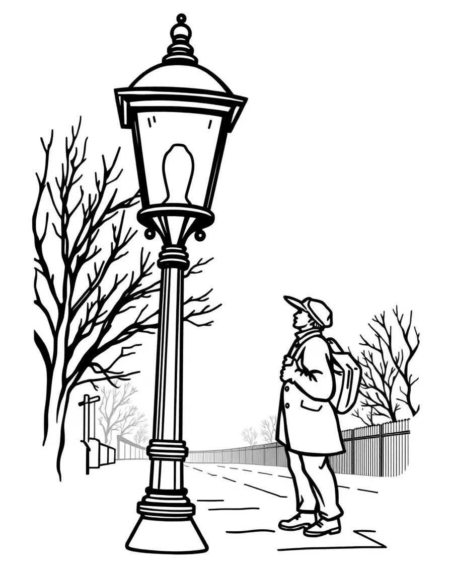 A lamplighter lighting a street lamp at dusk