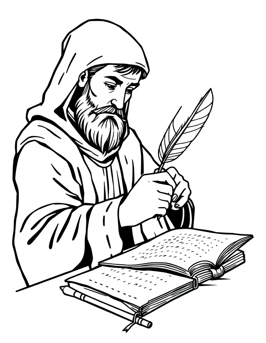 A medieval scribe writing with a quill pen