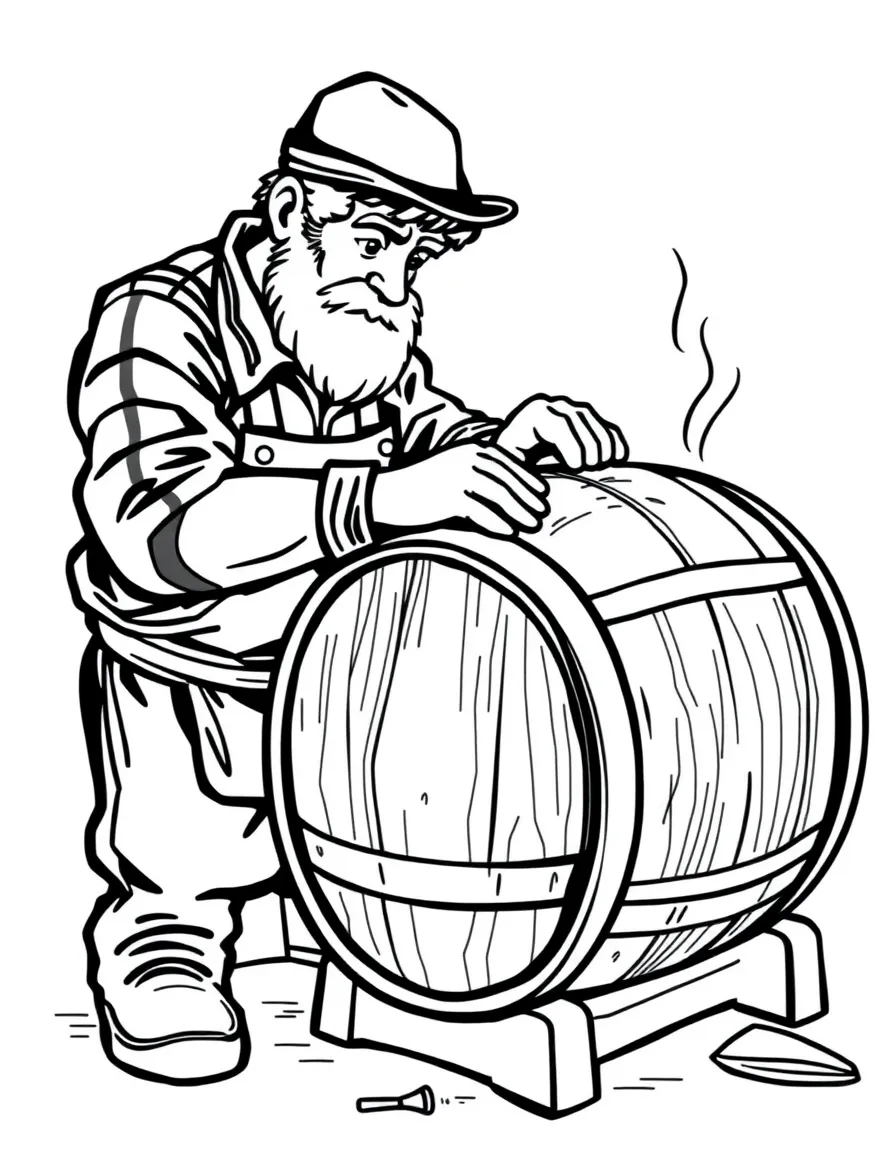 A cooper making wooden barrels with metal hoops