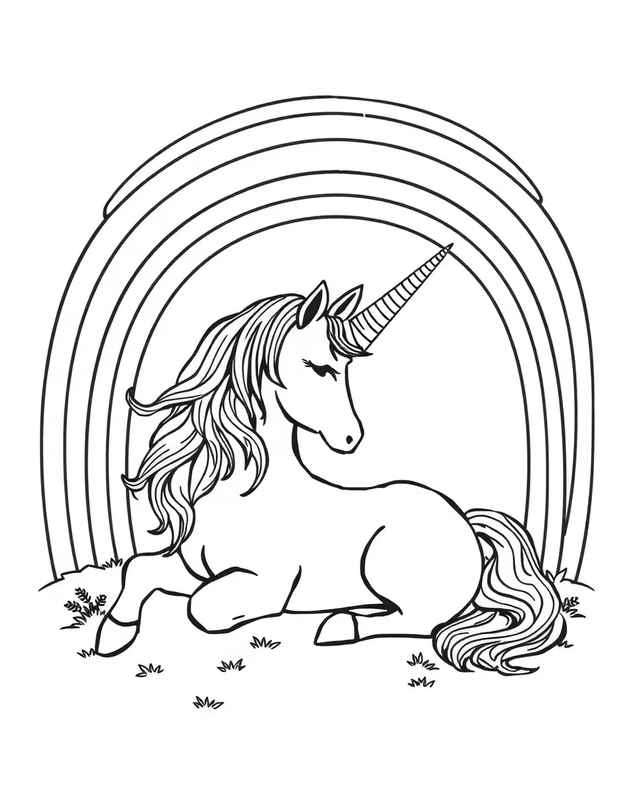 Unicorn resting under a rainbow