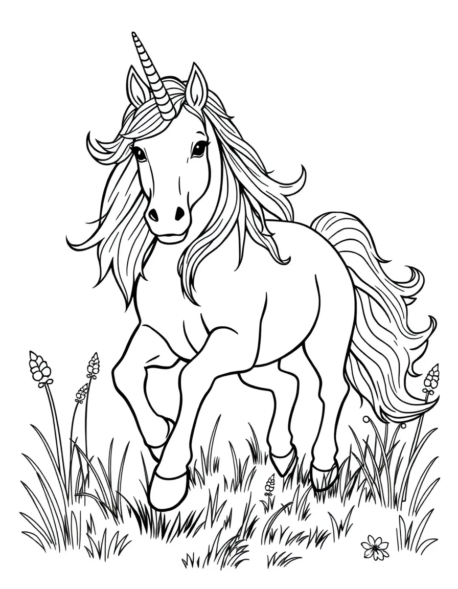Unicorn galloping through a meadow
