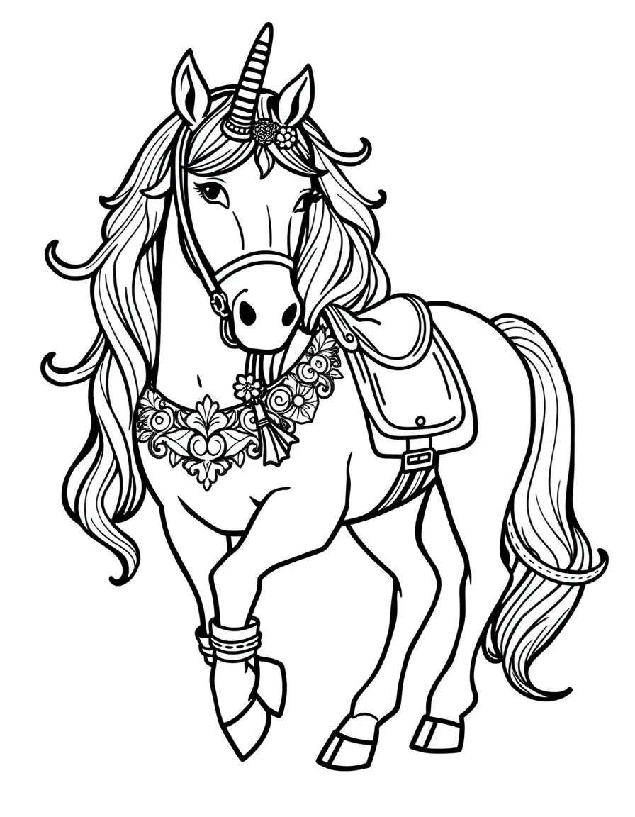 Unicorn with decorative saddle and bridle