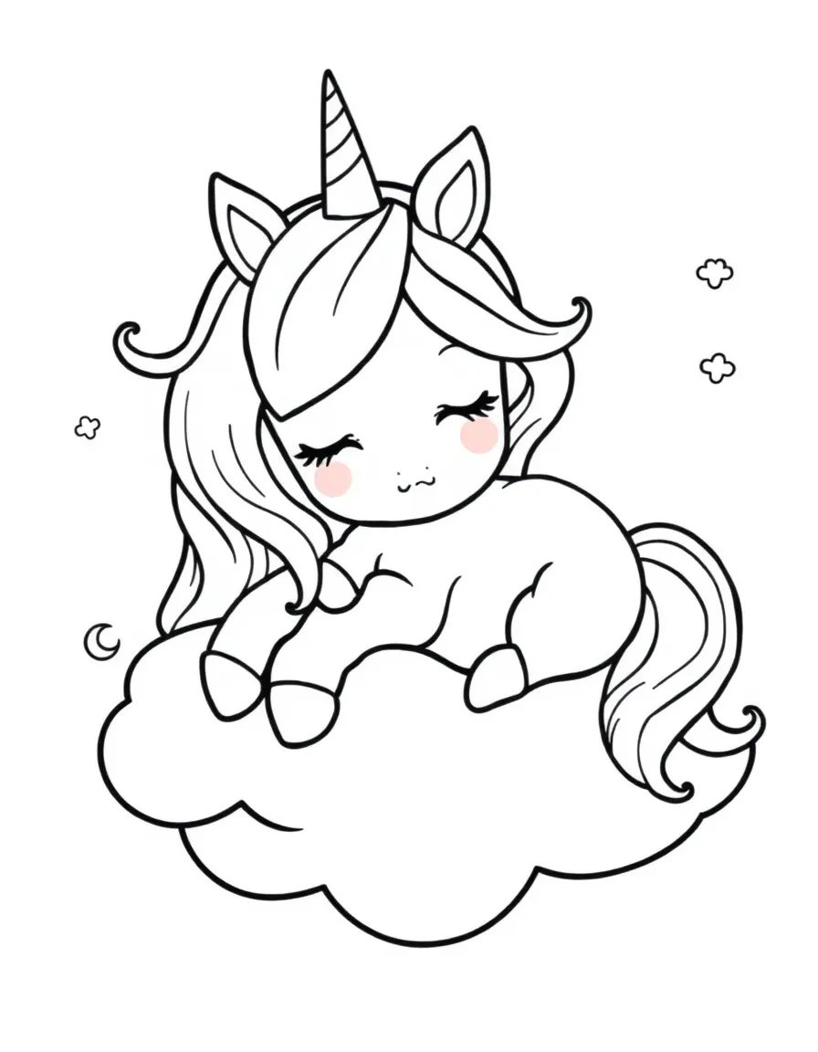 Baby unicorn napping on a cloud