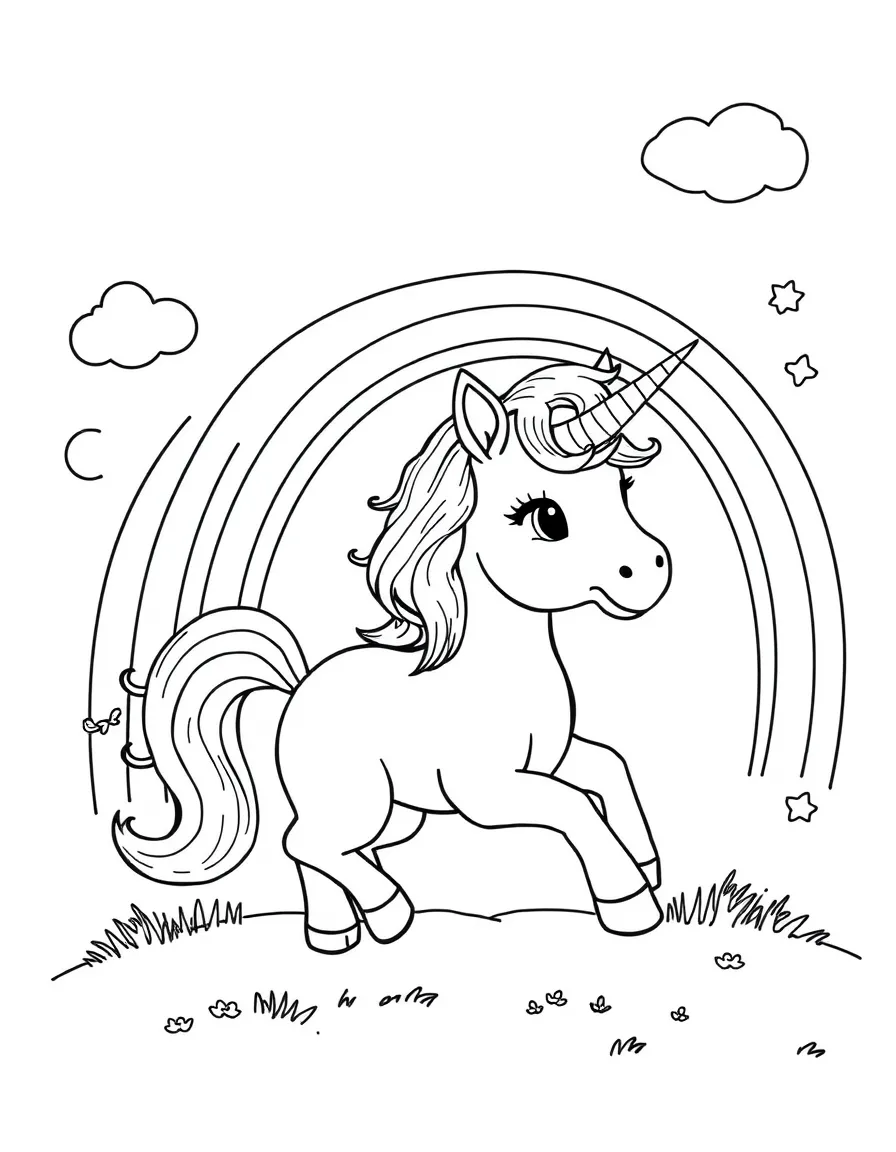 Baby unicorn chasing a rainbow