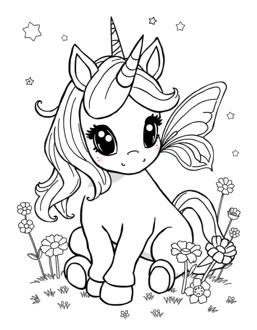 Baby unicorn playing with fairy friends