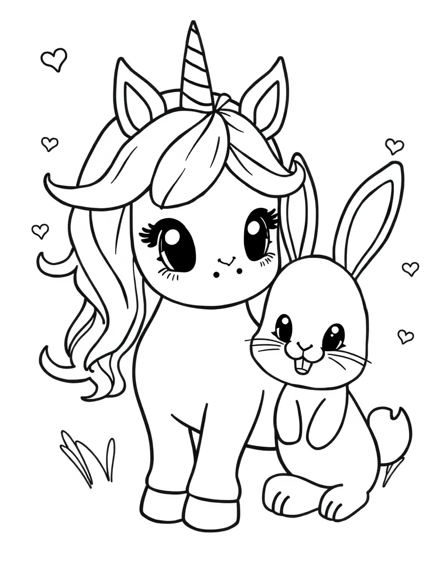 Baby unicorn and bunny friends
