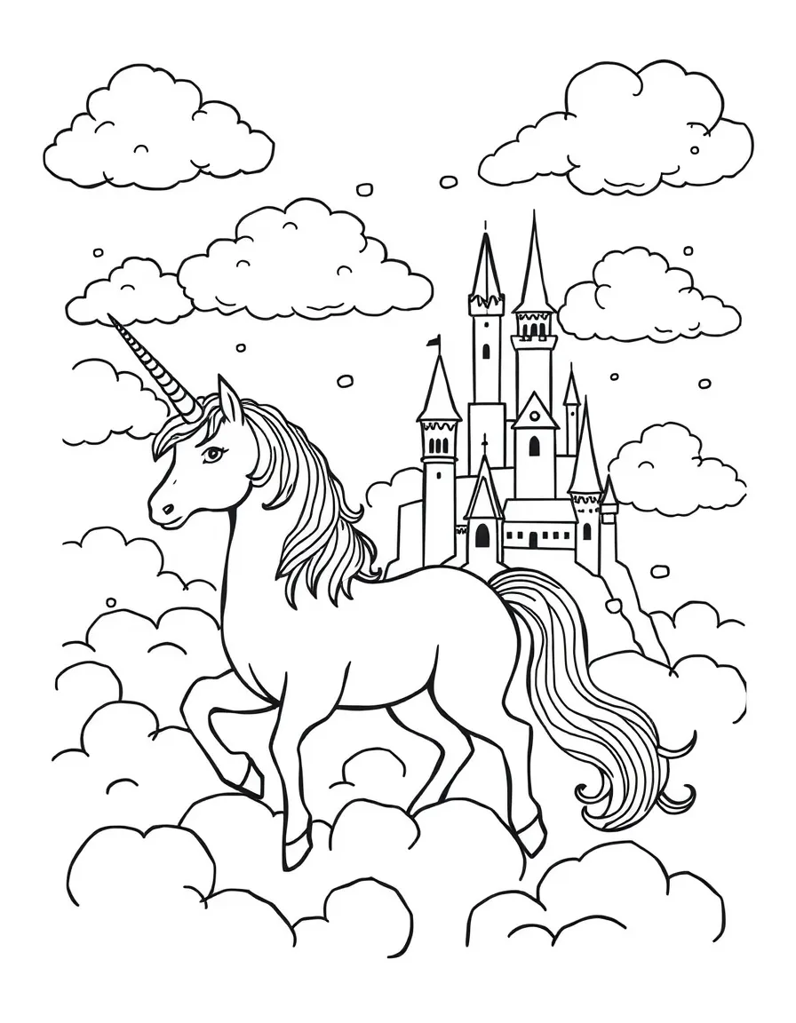 Unicorn and castle in the clouds