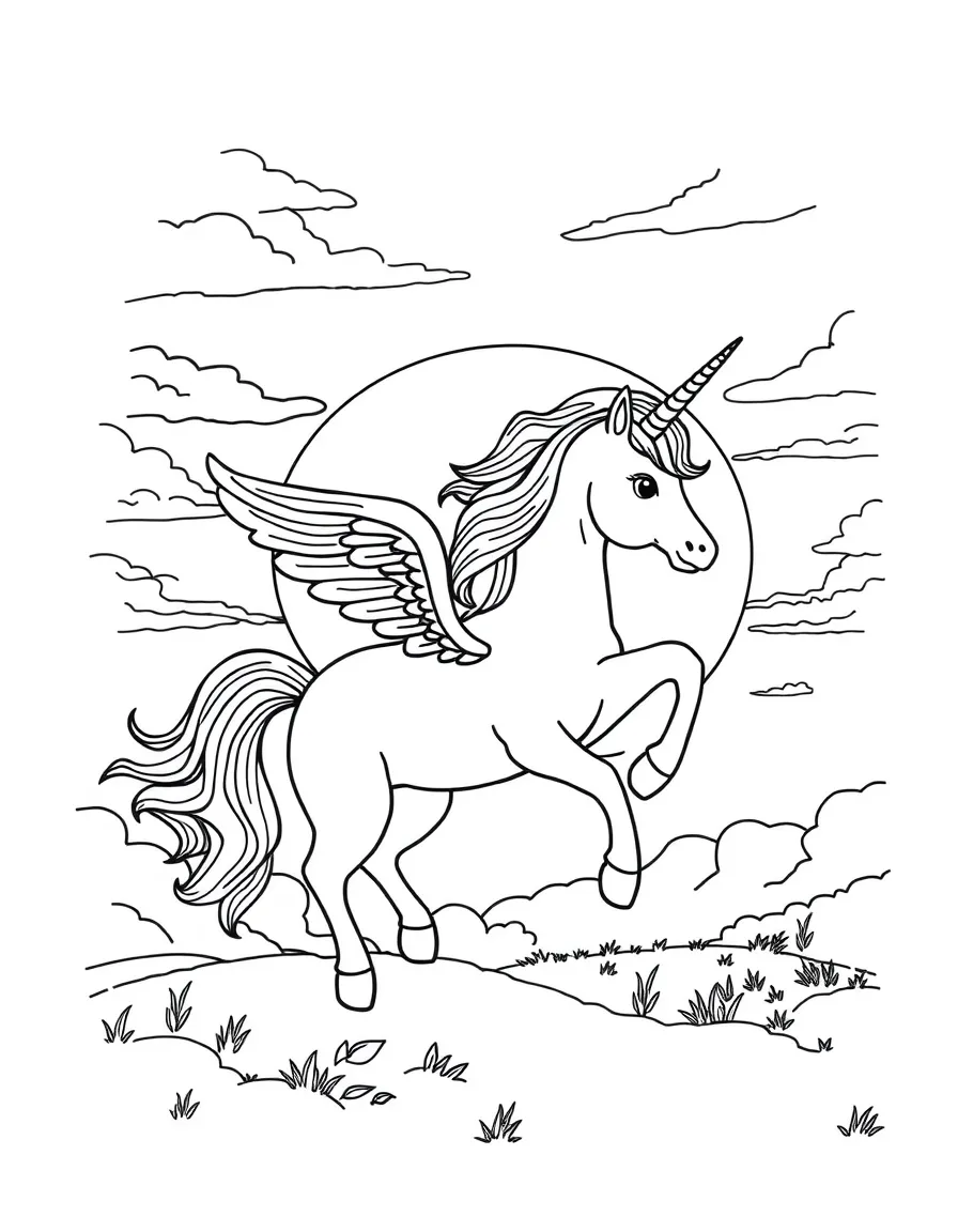 Unicorn flying through a sunset sky