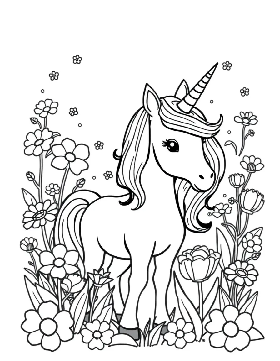 Unicorn in a flower garden