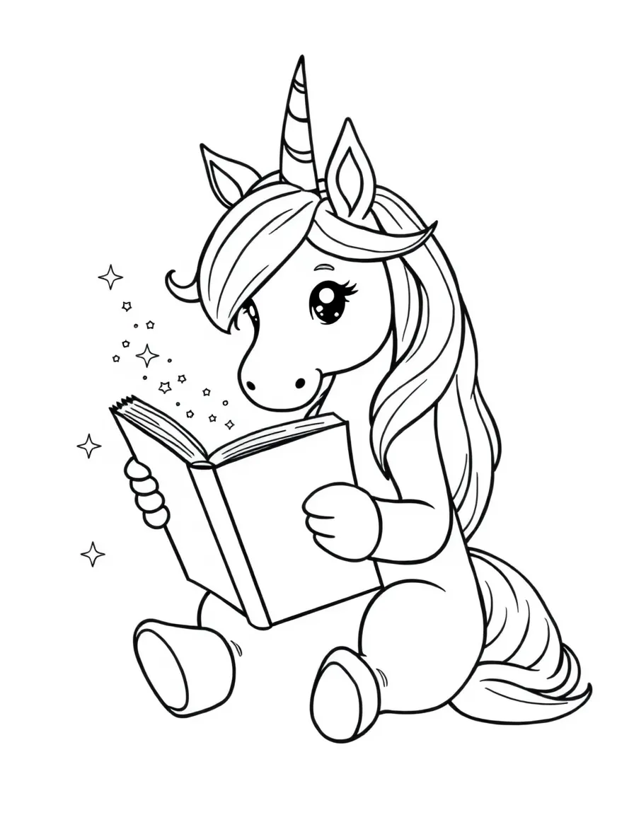 Unicorn reading a magical book