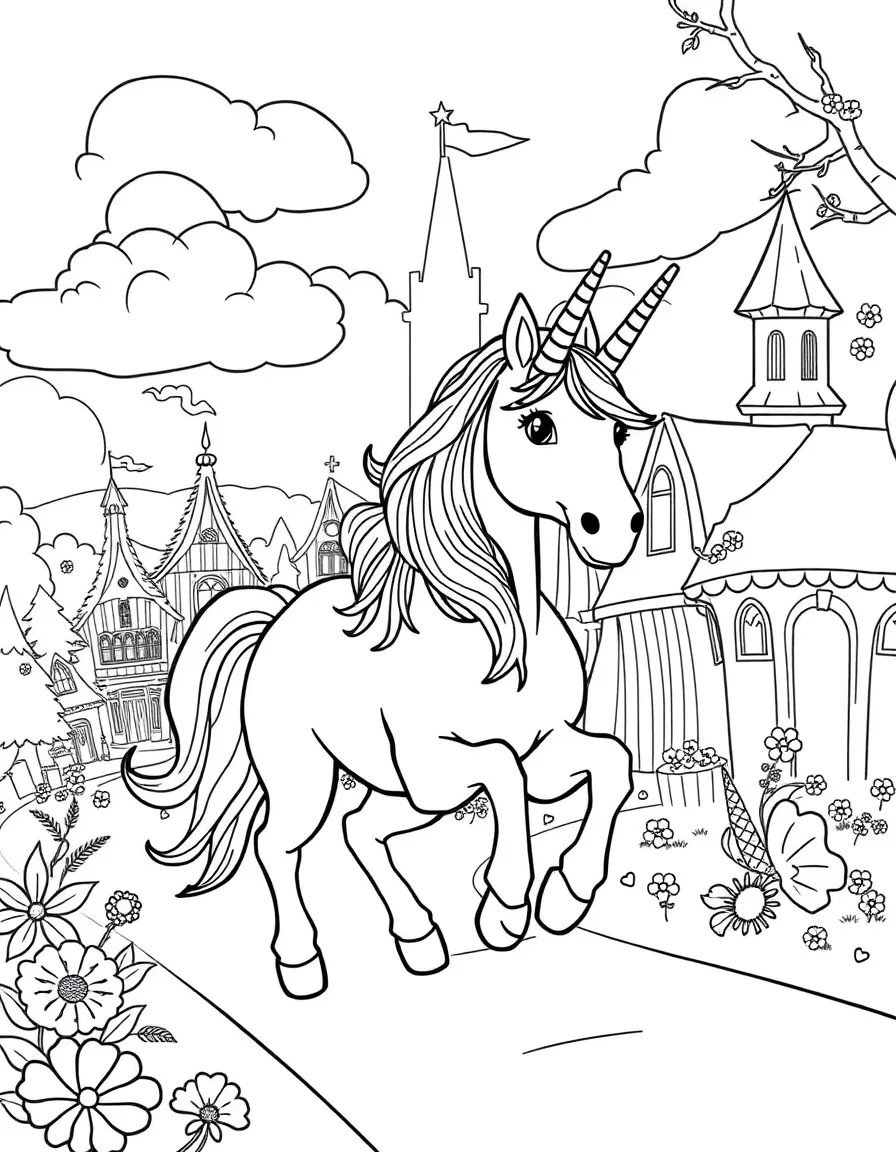 Unicorn parade through a fairy town